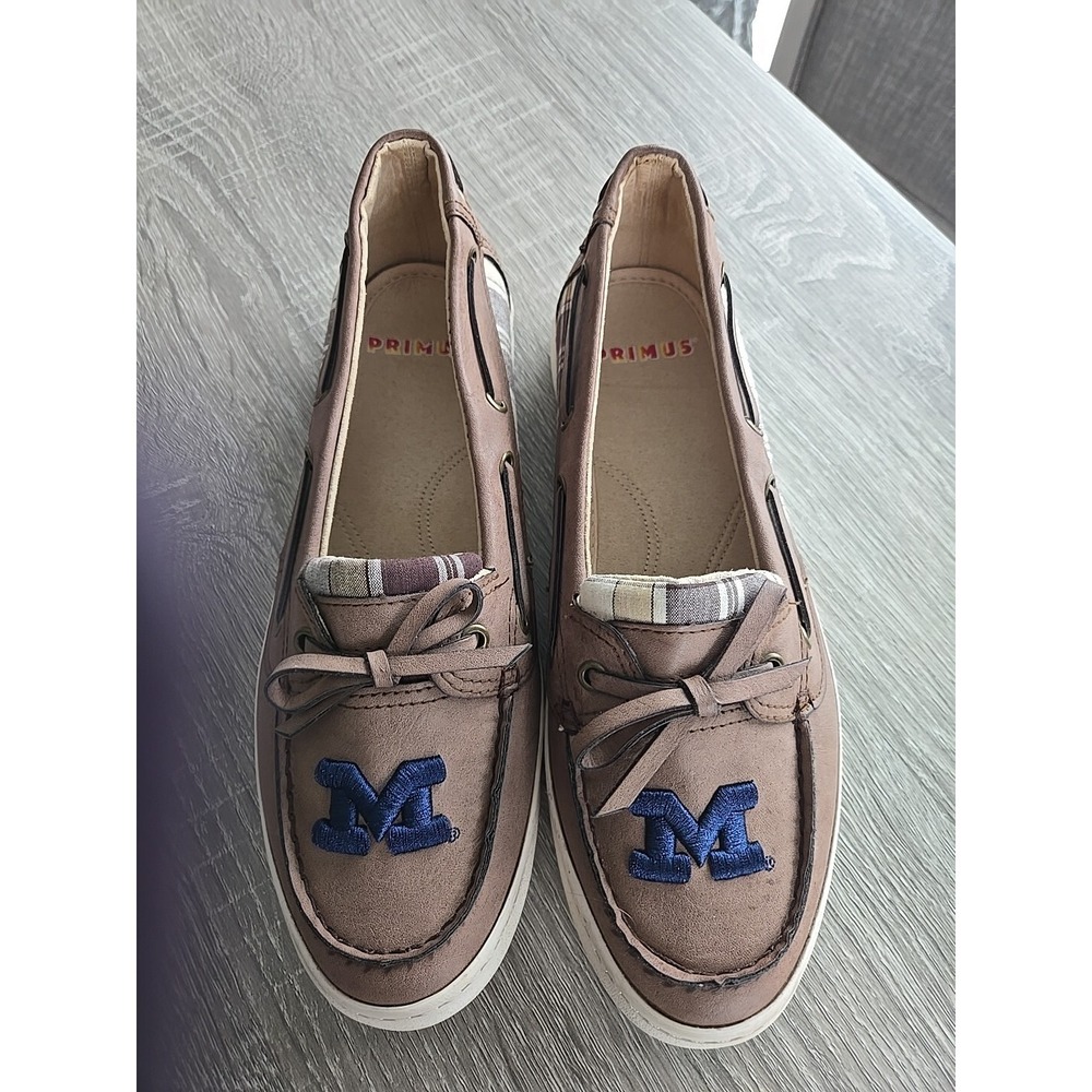 U Of M Womens Shoes Size 9 University Of MI Brown Plaid Logo Slip On Boat Shoes